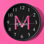 Hot Pink Black Modern Script Girly Monogram Name  Clock<br><div class="desc">Make a bold statement in your space with our Hot Pink Modern Script Girly Monogram Name Large Clock! Featuring a vibrant hot pink design and personalized with your name in an elegant modern script, this clock adds a stylish and personal touch to any room. Perfect for bedrooms, offices, or living...</div>