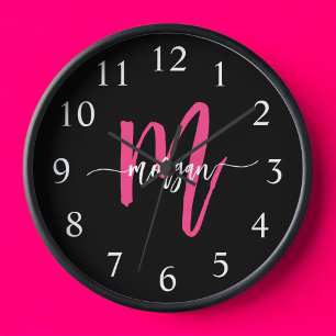 Hot Pink Black Modern Script Girly Monogram Name Clock