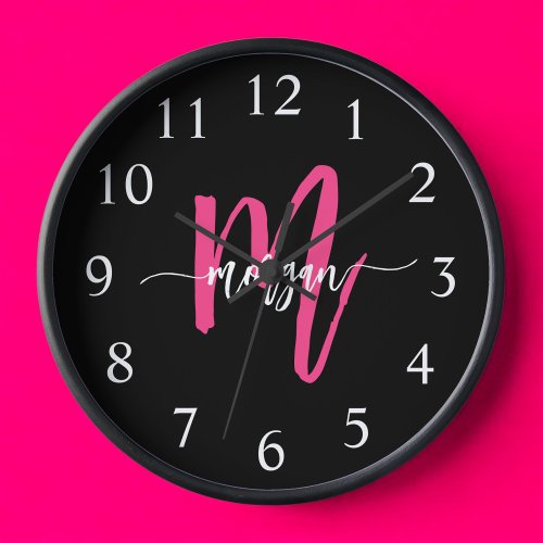 Hot Pink Black Modern Script Girly Monogram Name  Clock