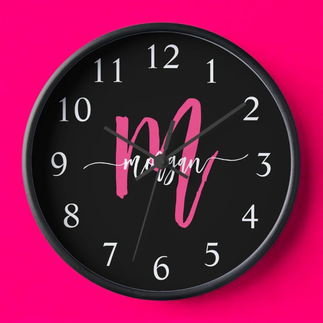 Hot Pink Black Modern Script Girly Monogram Name  Clock (Creator Uploaded)