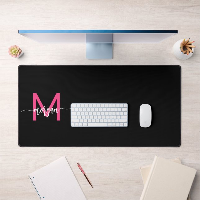 Hot Pink Black Modern Script Girly Monogram Name Desk Mat (Office 1)