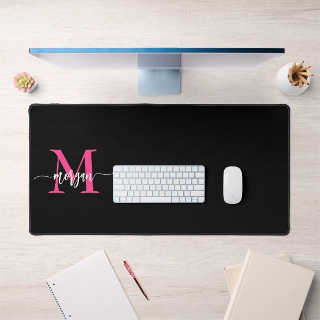 Hot Pink Black Modern Script Girly Monogram Name Desk Mat (Office 1)