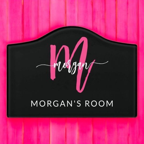 Hot Pink Black Modern Script Girly Monogram Name Door Sign