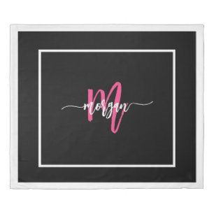 Hot Pink Black Modern Script Girly Monogram Name Duvet Cover