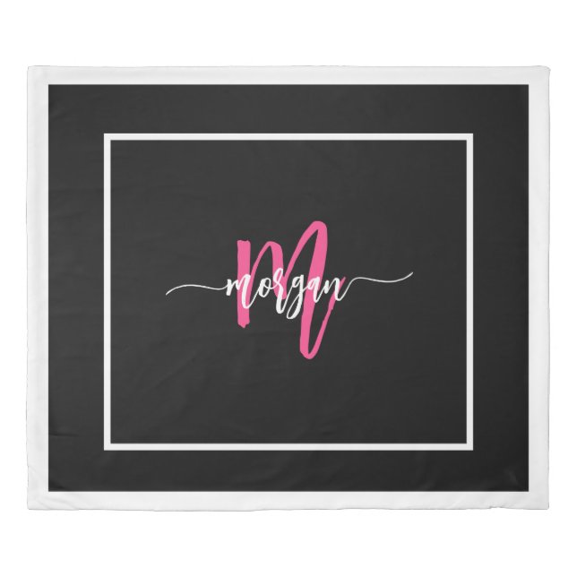 Hot Pink Black Modern Script Girly Monogram Name Duvet Cover (Front)