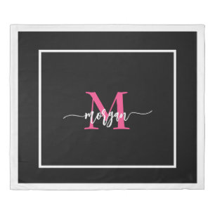Hot Pink Black Modern Script Girly Monogram Name Duvet Cover