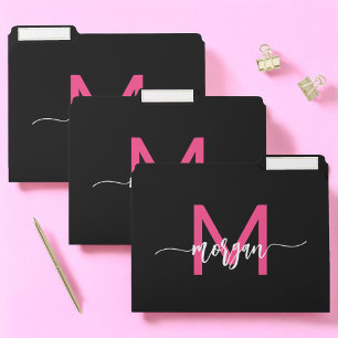 Hot Pink Black Modern Script Girly Monogram Name File Folder