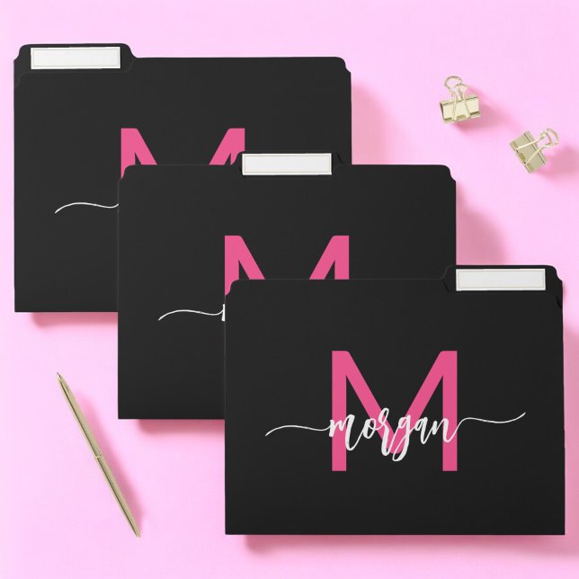 Hot Pink Black Modern Script Girly Monogram Name File Folder (Creator Uploaded)