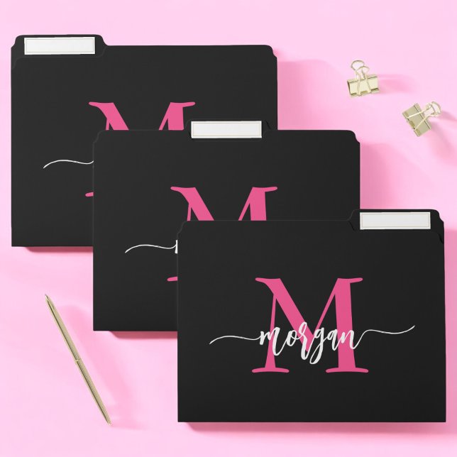 Hot Pink Black Modern Script Girly Monogram Name File Folder (Creator Uploaded)