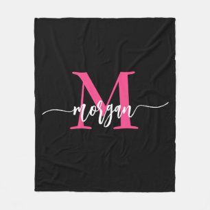 Hot Pink Black Modern Script Girly Monogram Name Fleece Blanket