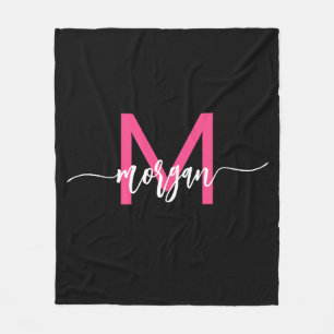 Hot Pink Black Modern Script Girly Monogram Name Fleece Blanket