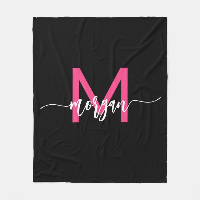 Hot Pink Black Modern Script Girly Monogram Name Fleece Blanket (Front)