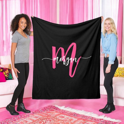 Hot Pink Black Modern Script Girly Monogram Name Fleece Blanket