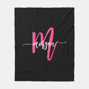 Hot Pink Black Modern Script Girly Monogram Name Fleece Blanket