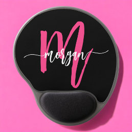 Hot Pink Black Modern Script Girly Monogram Name Gel Mouse Pad