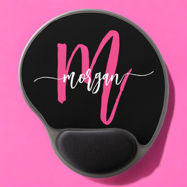 Hot Pink Black Modern Script Girly Monogram Name Gel Mouse Pad (Creator Uploaded)