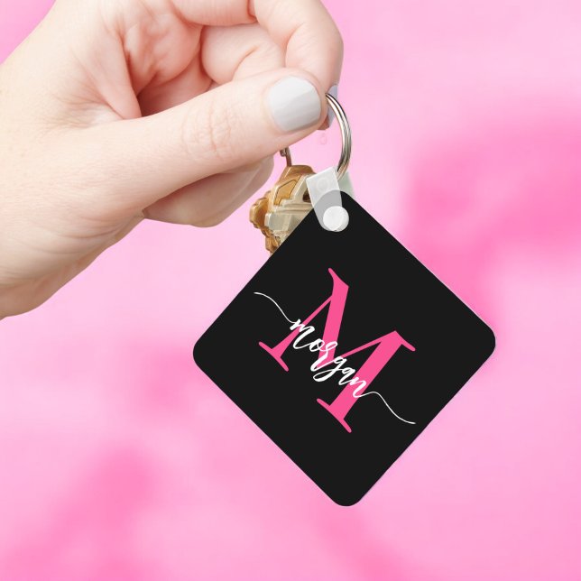 Hot Pink Black Modern Script Girly Monogram Name Keychain (Creator Uploaded)