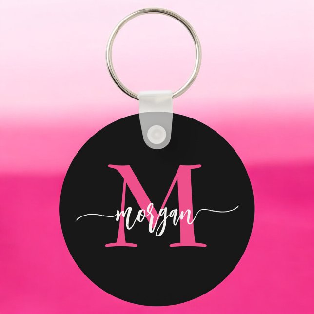 Hot Pink Black Modern Script Girly Monogram Name Keychain (Creator Uploaded)