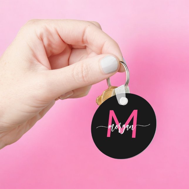 Hot Pink Black Modern Script Girly Monogram Name Keychain (Creator Uploaded)