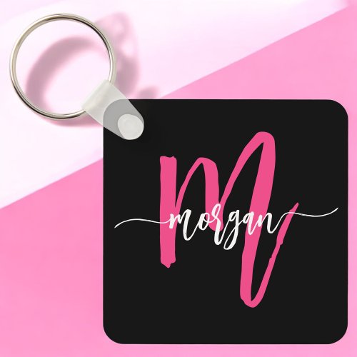 Hot Pink Black Modern Script Girly Monogram Name Keychain