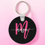 Hot Pink Black Modern Script Girly Monogram Name Keychain<br><div class="desc">Keep your keys in style with our Hot Pink Modern Script Girly Monogram Name Keychain! Featuring a vibrant hot pink design, this keychain is personalized with your name in a chic modern script for a custom, fashionable touch. Perfect for adding a bit of flair to your keys or bag, it’s...</div>