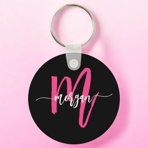 Hot Pink Black Modern Script Girly Monogram Name Keychain