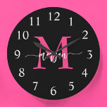 Hot Pink Black Modern Script Girly Monogram Name  Large Clock<br><div class="desc">Make a bold statement in your space with our Hot Pink Modern Script Girly Monogram Name Large Clock! Featuring a vibrant hot pink design and personalized with your name in an elegant modern script, this clock adds a stylish and personal touch to any room. Perfect for bedrooms, offices, or living...</div>