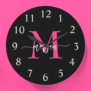 Hot Pink Black Modern Script Girly Monogram Name  Large Clock