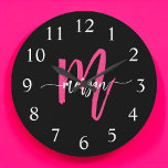 Hot Pink Black Modern Script Girly Monogram Name  Large Clock<br><div class="desc">Make a bold statement in your space with our Hot Pink Modern Script Girly Monogram Name Large Clock! Featuring a vibrant hot pink design and personalized with your name in an elegant modern script, this clock adds a stylish and personal touch to any room. Perfect for bedrooms, offices, or living...</div>