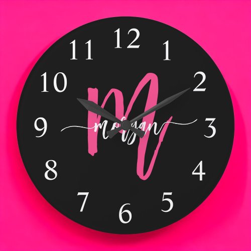 Hot Pink Black Modern Script Girly Monogram Name  Large Clock