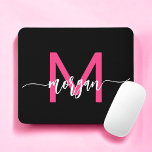 Hot Pink Black Modern Script Girly Monogram Name Mouse Pad<br><div class="desc">Add a pop of color to your workspace with our Hot Pink Modern Script Girly Monogram Name Mouse Pad! Featuring a vibrant hot pink design and personalized with your name in a chic modern script, this mouse pad blends style with practicality. The smooth surface ensures precise mouse movements, while the...</div>