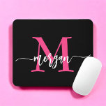 Hot Pink Black Modern Script Girly Monogram Name Mouse Pad<br><div class="desc">Add a pop of color to your workspace with our Hot Pink Modern Script Girly Monogram Name Mouse Pad! Featuring a vibrant hot pink design and personalized with your name in a chic modern script, this mouse pad blends style with practicality. The smooth surface ensures precise mouse movements, while the...</div>