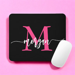 Hot Pink Black Modern Script Girly Monogram Name Mouse Pad