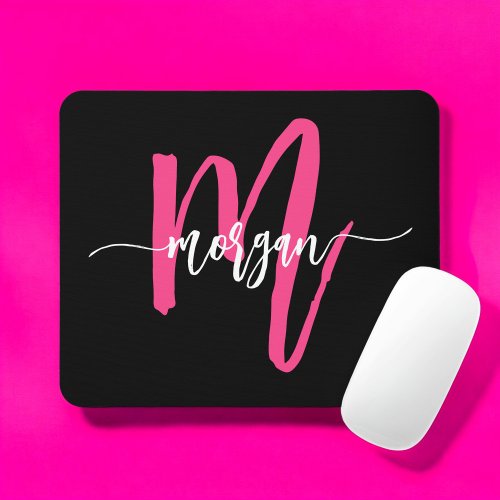 Hot Pink Black Modern Script Girly Monogram Name Mouse Pad