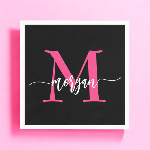 Hot Pink Black Modern Script Girly Monogram Name Napkins