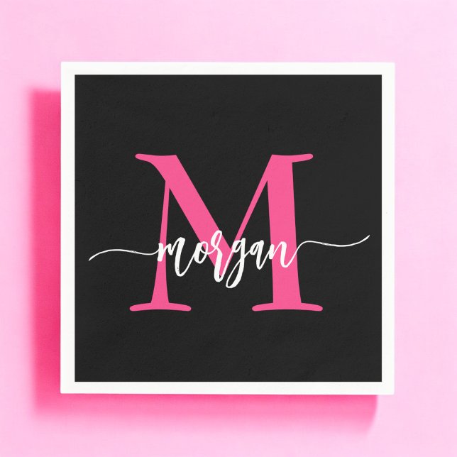 Hot Pink Black Modern Script Girly Monogram Name Napkins (Creator Uploaded)