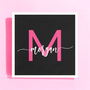 Hot Pink Black Modern Script Girly Monogram Name Napkins