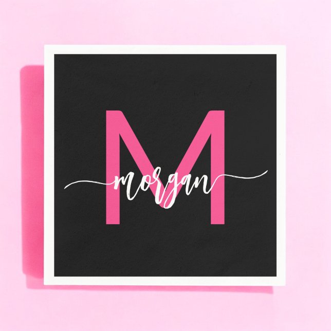 Hot Pink Black Modern Script Girly Monogram Name Napkins (Creator Uploaded)