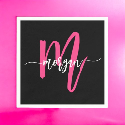 Hot Pink Black Modern Script Girly Monogram Name Napkins