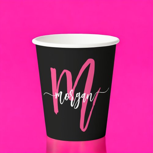 Hot Pink Black Modern Script Girly Monogram Name Paper Cups