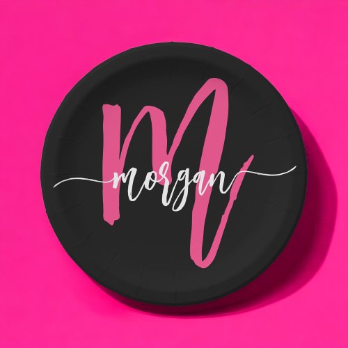 Hot Pink Black Modern Script Girly Monogram Name Paper Plates