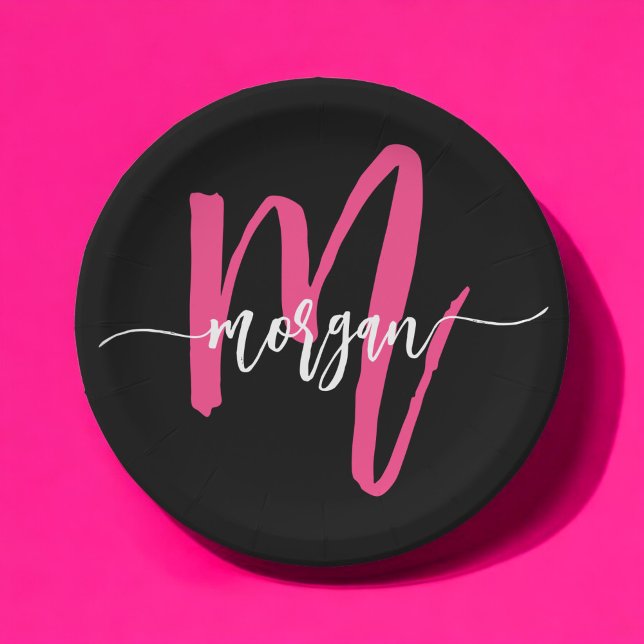 Hot Pink Black Modern Script Girly Monogram Name Paper Plates (Creator Uploaded)