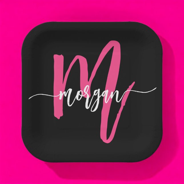 Hot Pink Black Modern Script Girly Monogram Name Paper Plates (Creator Uploaded)