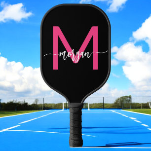 Hot Pink Black Modern Script Girly Monogram Name Pickleball Paddle
