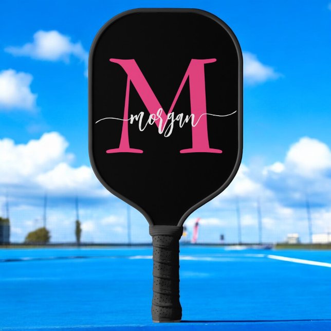 Hot Pink Black Modern Script Girly Monogram Name Pickleball Paddle (Creator Uploaded)