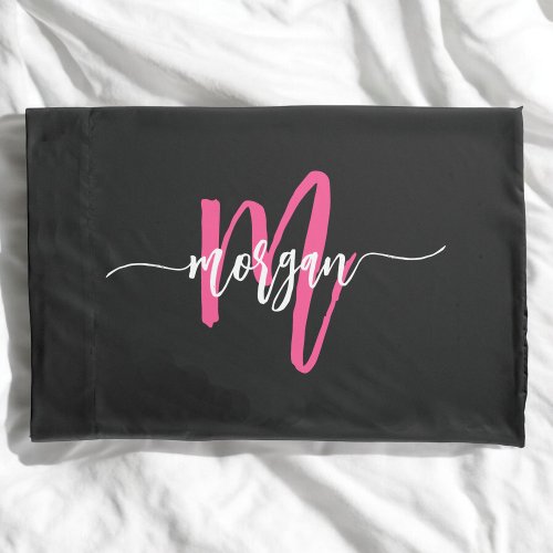 Hot Pink Black Modern Script Girly Monogram Name Pillow Case