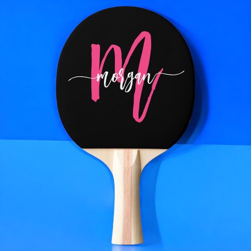 Hot Pink Black Modern Script Girly Monogram Name Ping Pong Paddle