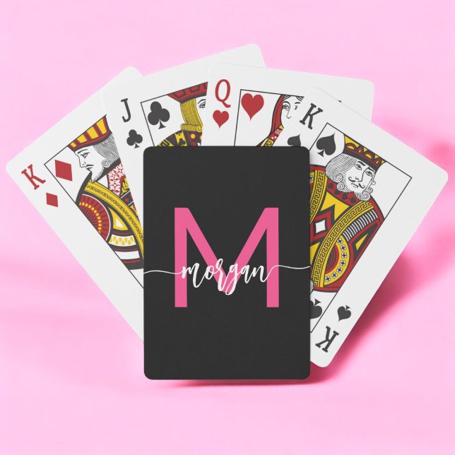 Hot Pink Black Modern Script Girly Monogram Name Poker Cards (Creator Uploaded)