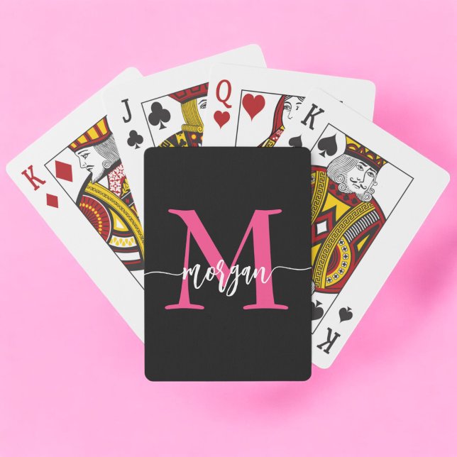 Hot Pink Black Modern Script Girly Monogram Name Poker Cards (Creator Uploaded)