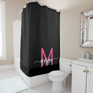 Hot Pink Black Modern Script Girly Monogram Name Shower Curtain